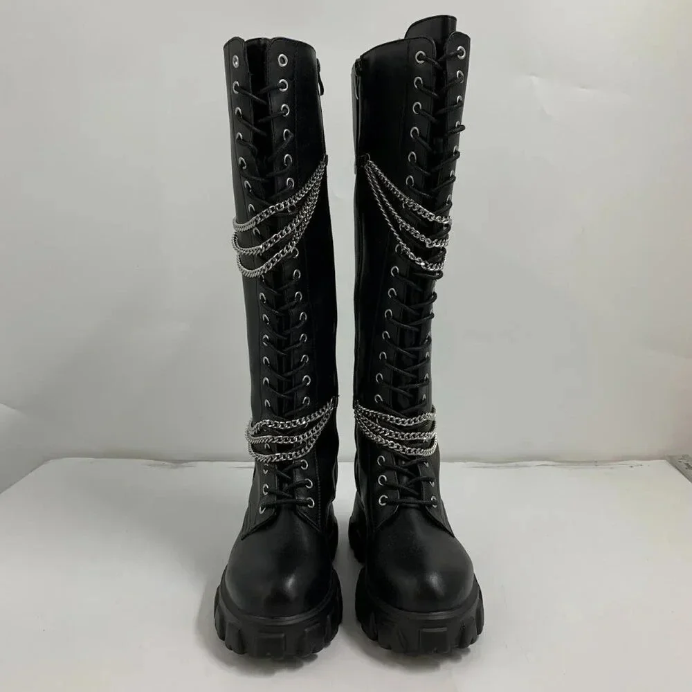 Hot Topic Women’s Black Chains Platform Side Zip Knee-High Boots Size 10 NWOB - Picture 9 of 16